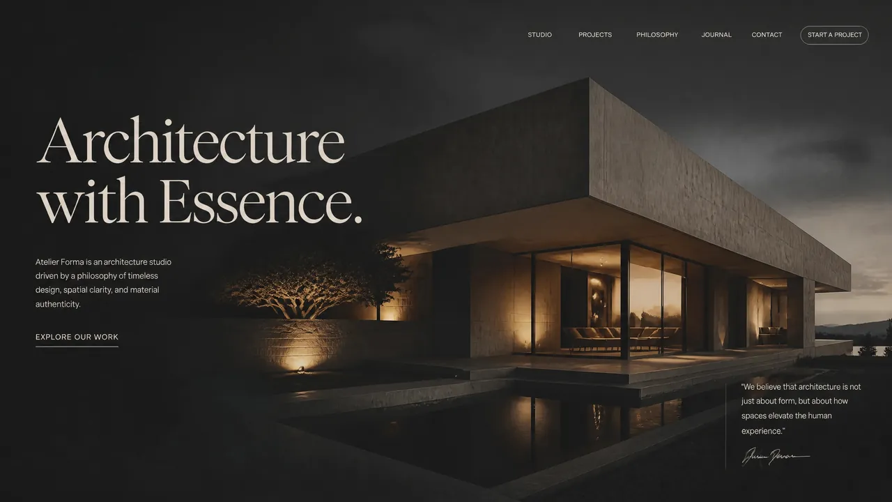 An architecture studio's home page: a large serif headline over a dusk photograph of a low concrete house standing above a reflecting pool.