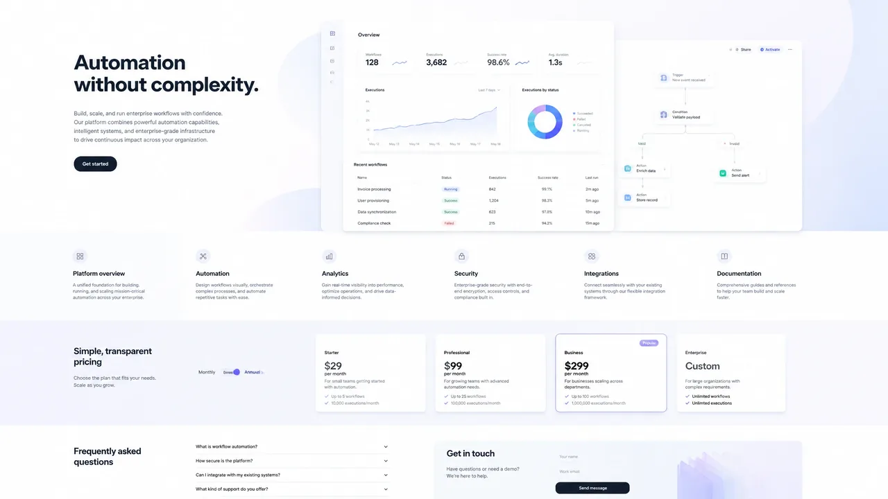A software platform's home page: a heavy sans headline and a large product dashboard — metric tiles, an executions chart, a status ring and a branching automation flow — above rows of features and pricing plans.