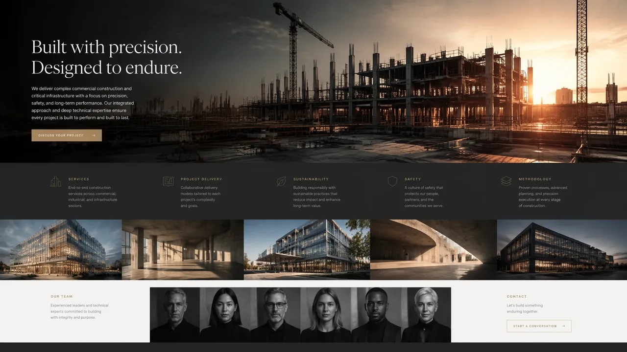 A construction firm's home page: a serif headline over a sunset photograph of a high-rise building site with tower cranes, above a dark band of services, a strip of finished-building photographs and a row of team portraits.