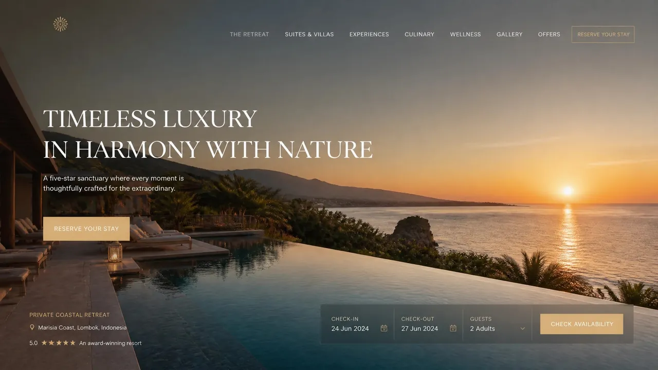A resort's home page: wide serif capitals over a sunset photograph of an infinity pool above the sea, with a booking bar along the foot.