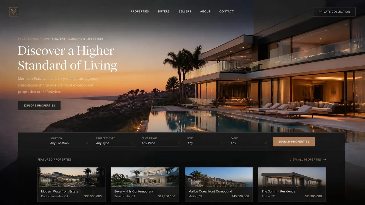 An estate agency's home page: a serif headline over a dusk photograph of a clifftop house and pool, above a property search bar and four listings.
