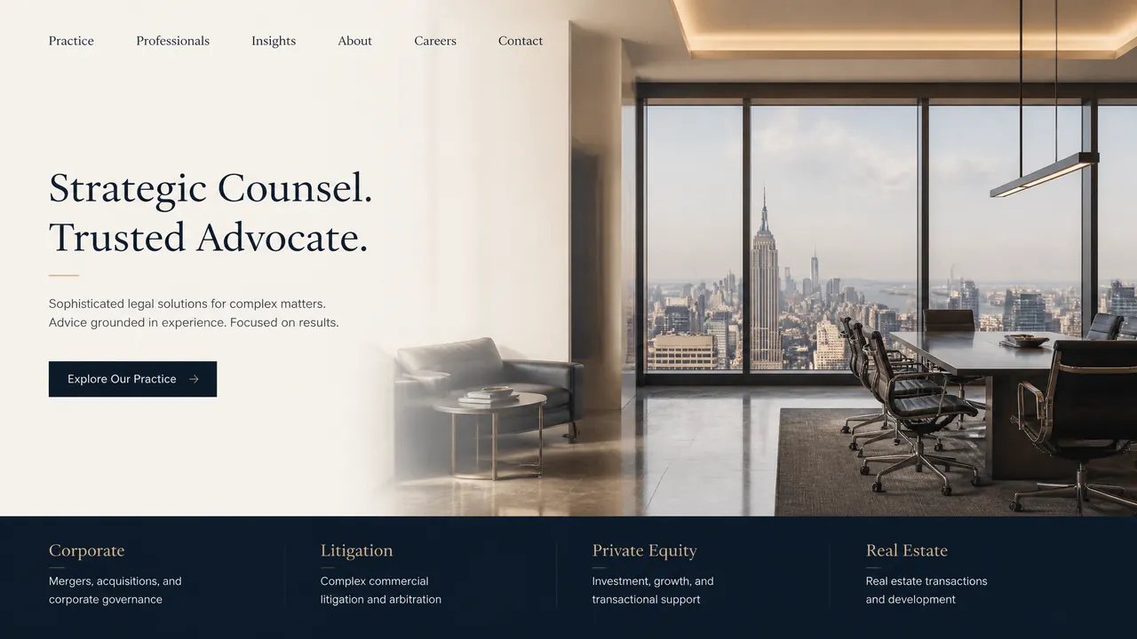 A law firm's home page: a serif headline on a pale background beside a photograph of a boardroom looking out over a city skyline, above a dark navy band of practice areas.