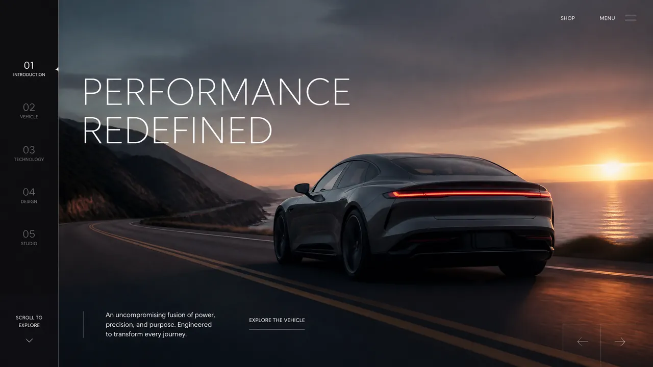 A car maker's home page: light sans capitals over a photograph of a silver electric coupé on a coastal road at sunset, with a numbered section index down the left edge.