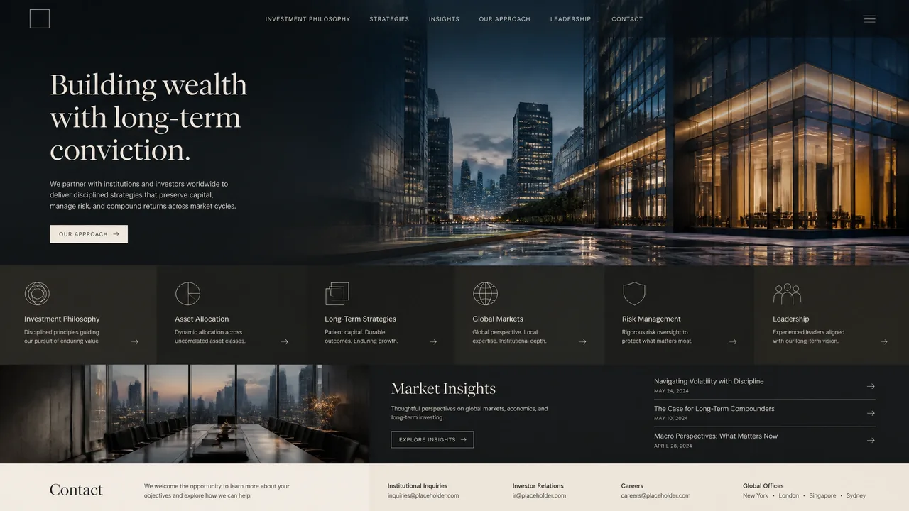 An investment firm's home page: a serif headline beside a dusk photograph of glass office towers reflected in water, above a dark band of capabilities, a market-insights list and a contact footer.